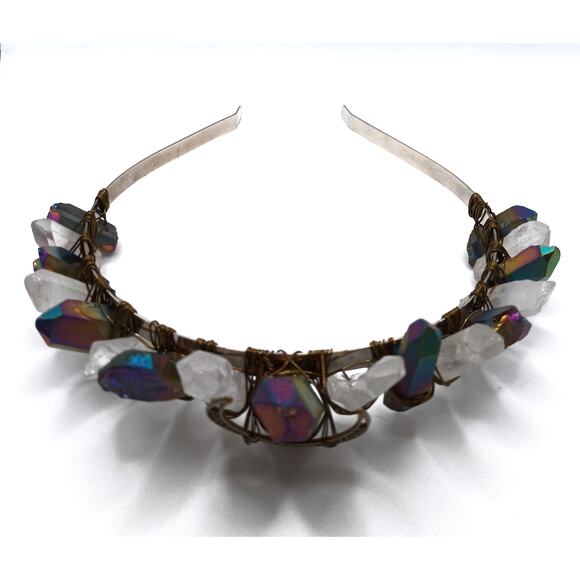 Iridescent Quartz Crystal Tiara Headband – Electroplated Stone Crown - Picture 2 of 5